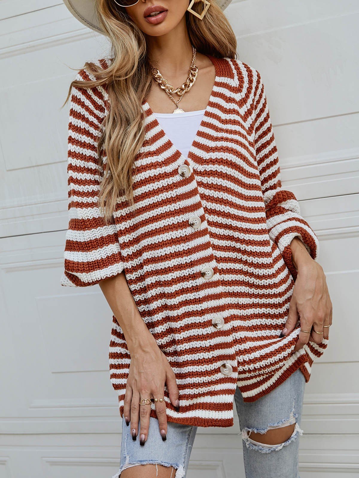 Large Loose Lazy Brown Single Breasted V-neck Cardigan Sweater - Outlets Forever