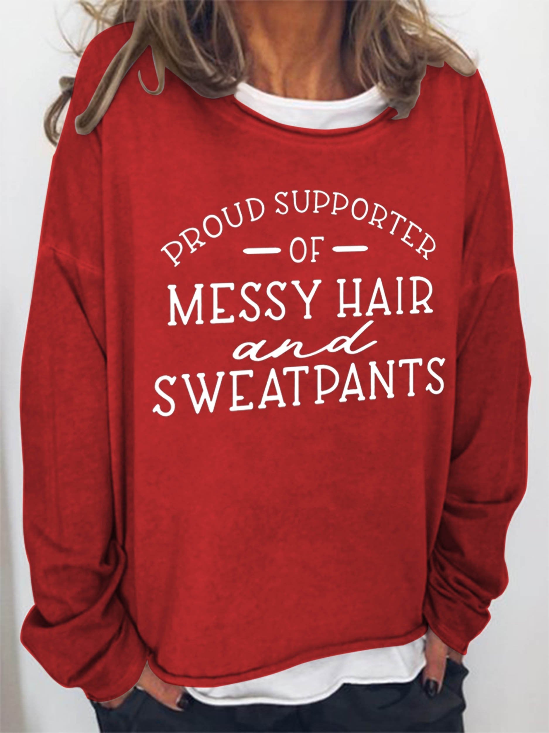 Women Proud Supporter Of Messy Hair & Sweatpants Long Sleeve Top - Outlets Forever