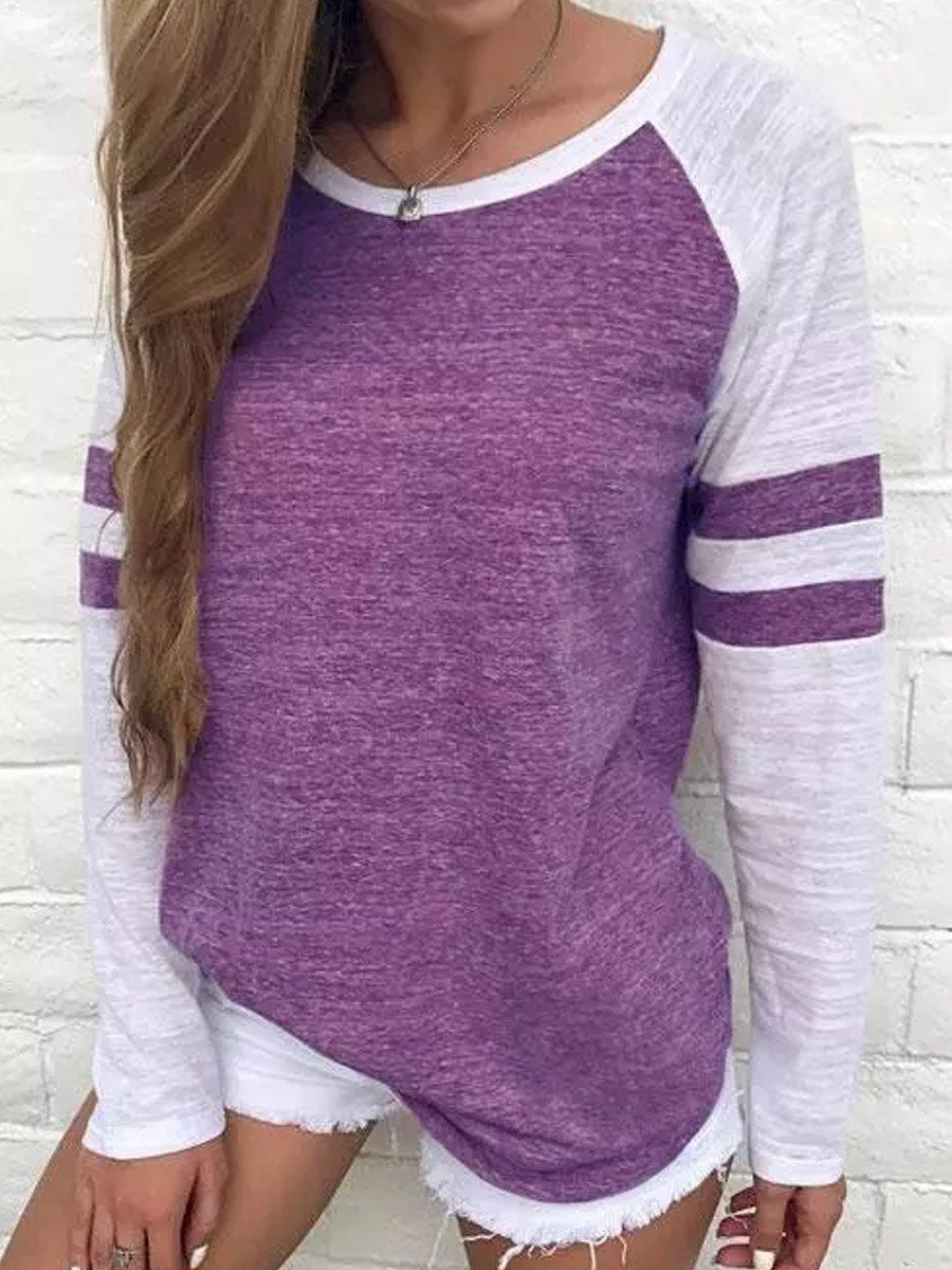 Striped Splicing Baseball Long Sleeve T-Shirt - Outlets Forever