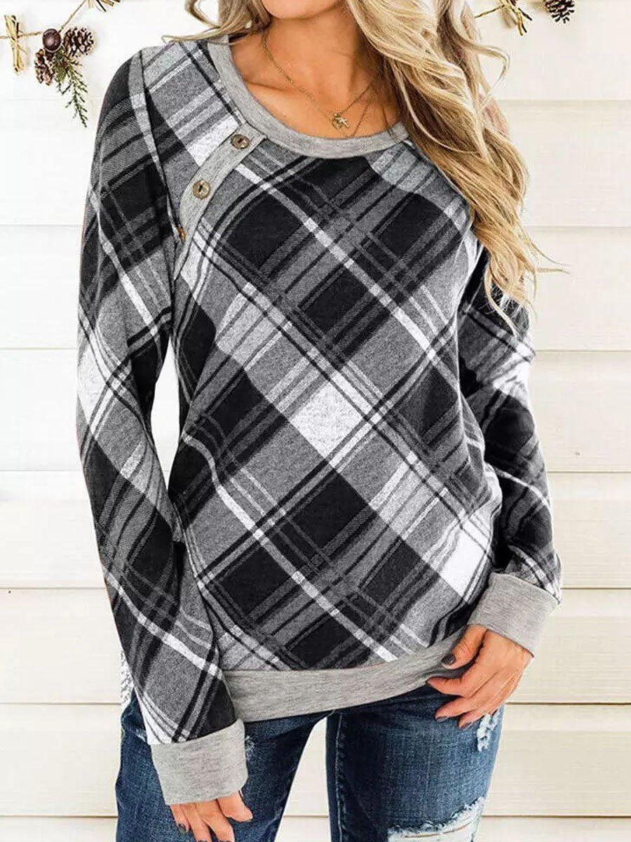 Plaid Splicing Button Long Sleeve T-Shirt - Outlets Forever