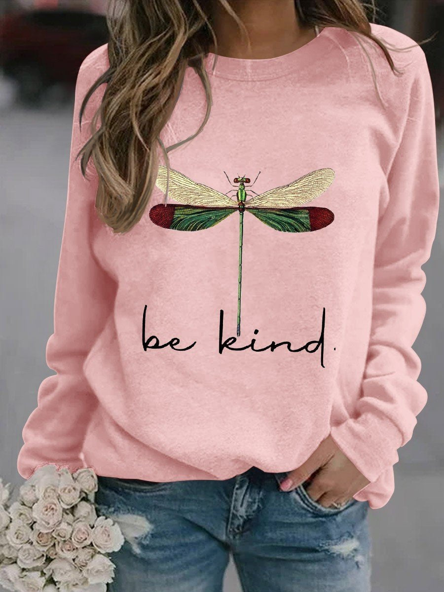 Women's Be Kind Dragonfly Graphic Long Sleeve Sweatshirt - Outlets Forever