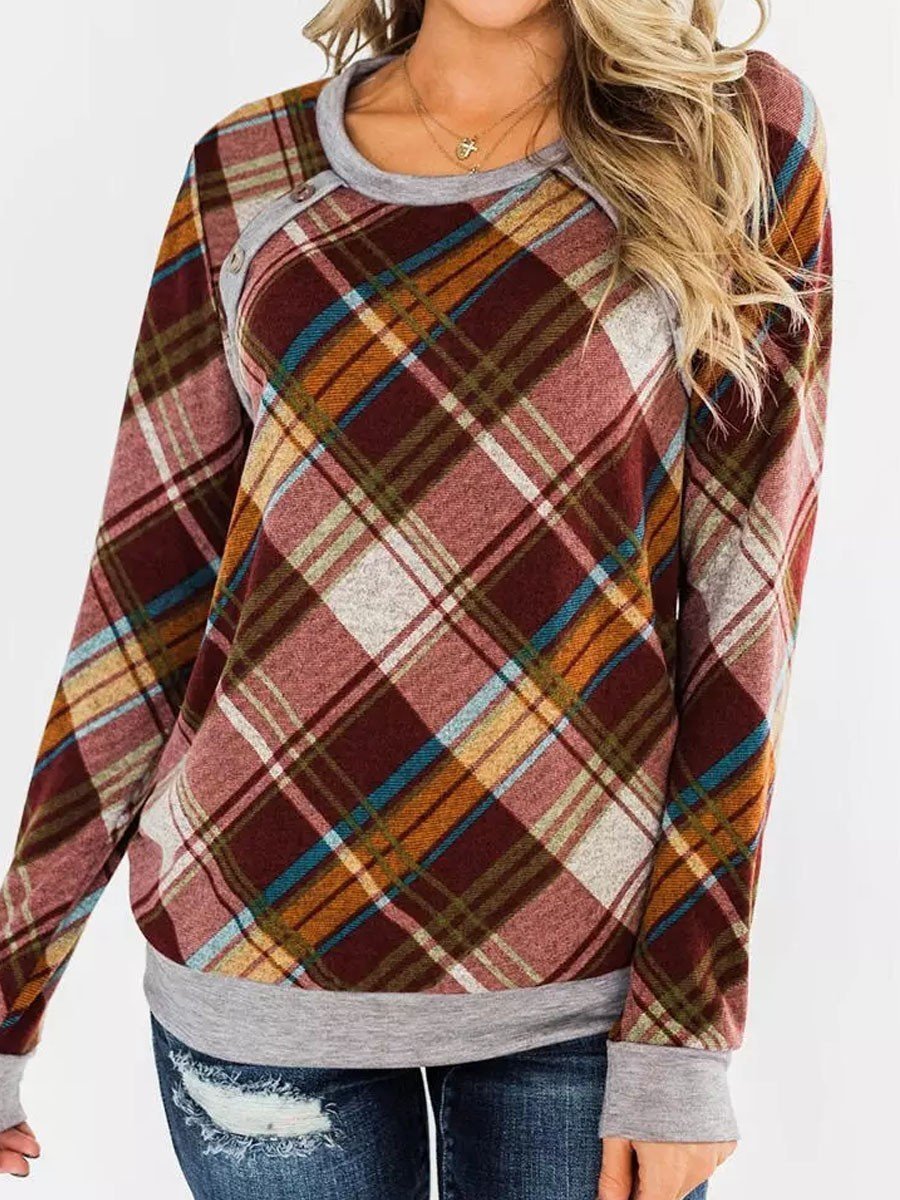 Plaid Splicing Button Long Sleeve T-Shirt - Outlets Forever