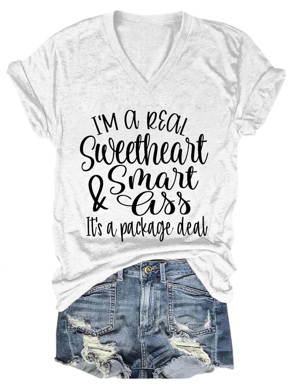 Women's I'm A Real Sweetheart It's A Package Deal V-Neck T-Shirt - Outlets Forever