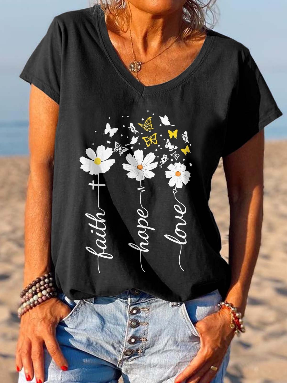 Women's Faith Hope Love Daisy Flower Tee - Outlets Forever