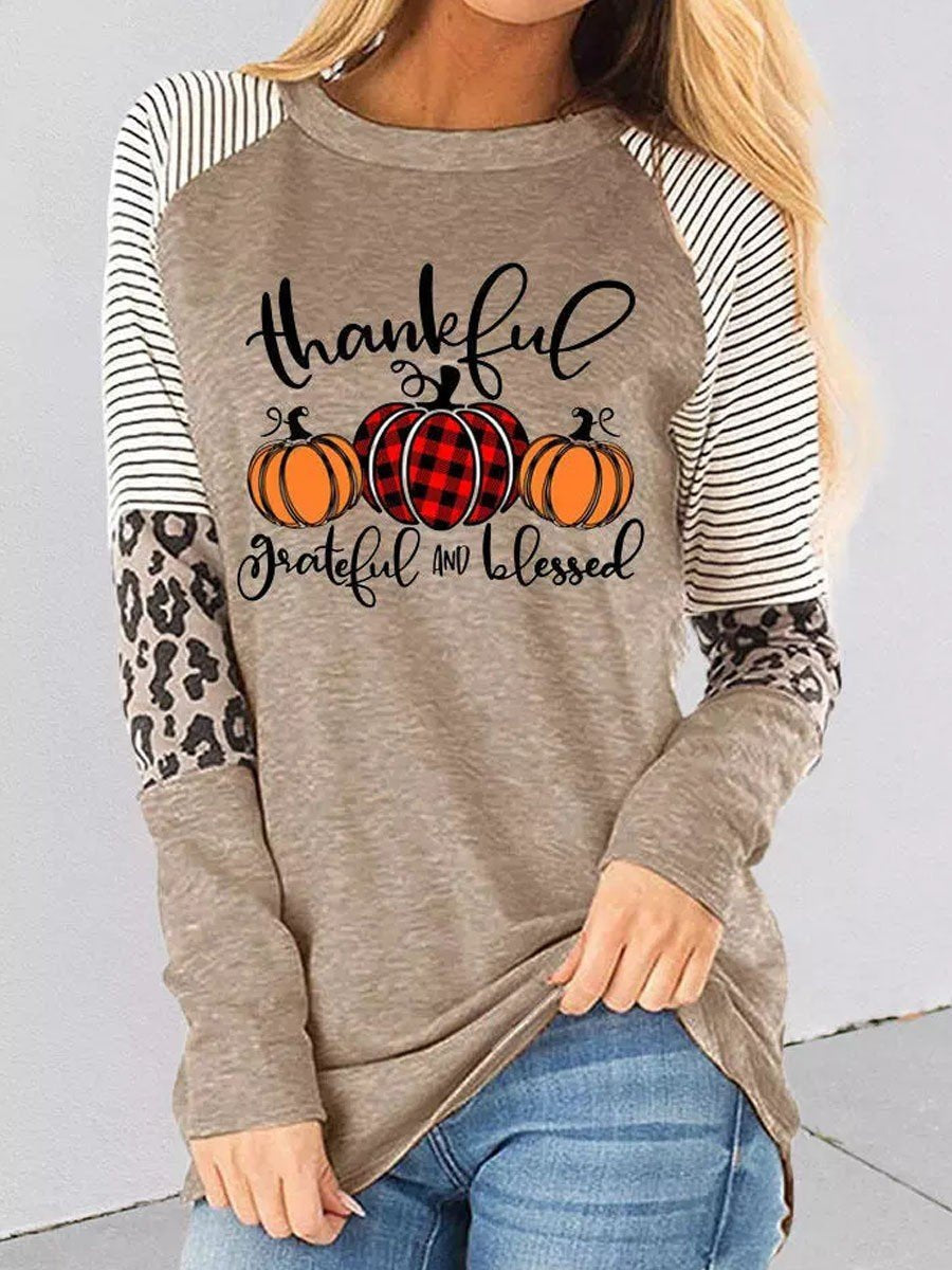 Thankful Striped Leopard Splicing Plaid Pumpkin Long Sleeve T-Shirt - Outlets Forever