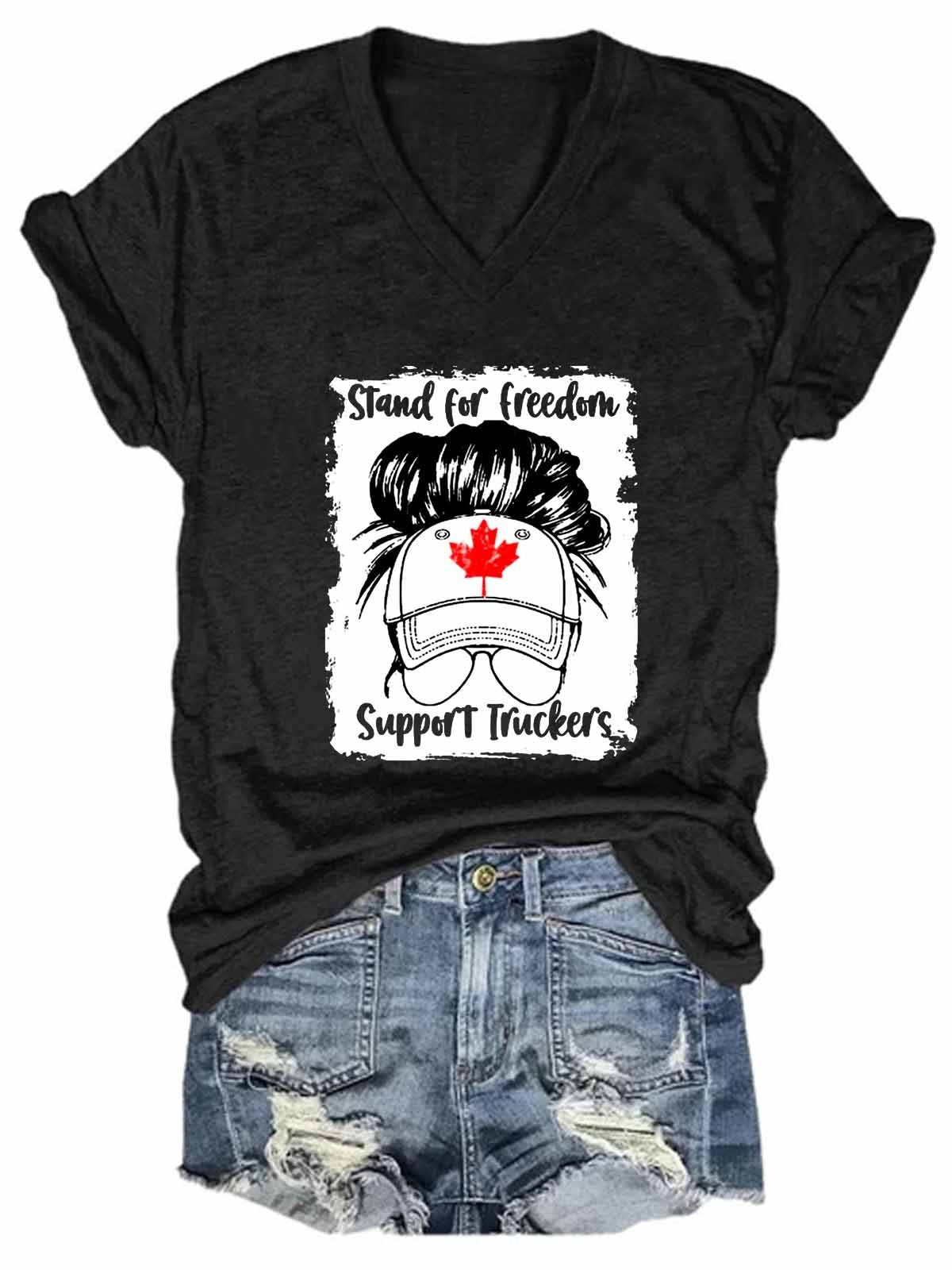 Women Freedom Stand For Freedom Support Truckers V-Neck T-Shirt - Outlets Forever