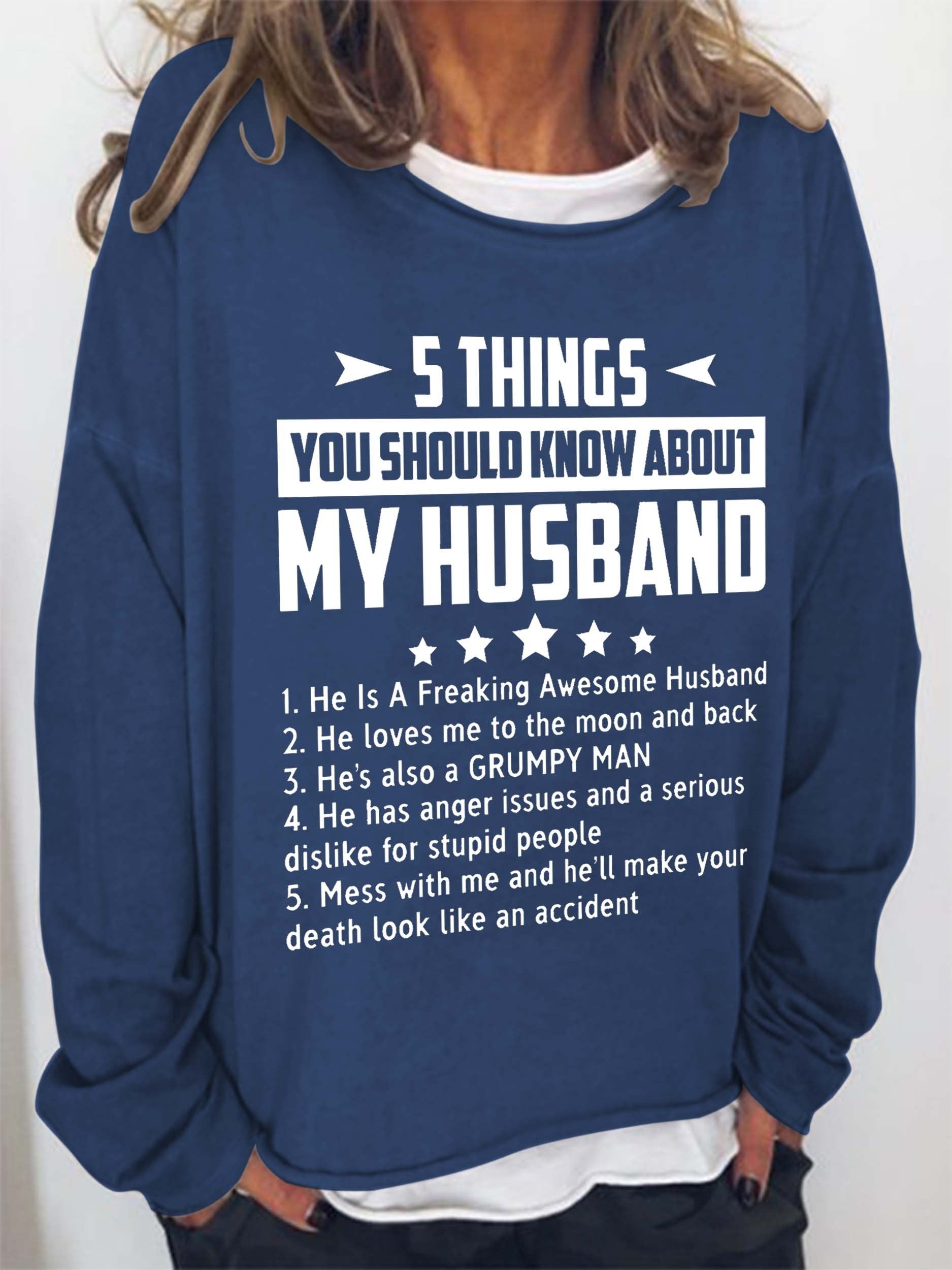 Women Five Things About My Husband Round Neck Long Sleeve Top - Outlets Forever