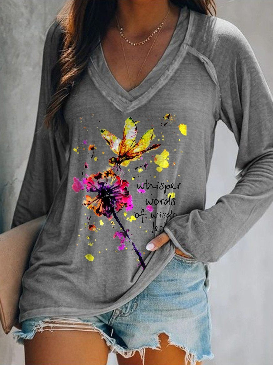 Women Whisper Words Of Wisdom Let It Be Hippie Dandelion Dragonfly Long Sleeve T-Shirt - Outlets Forever