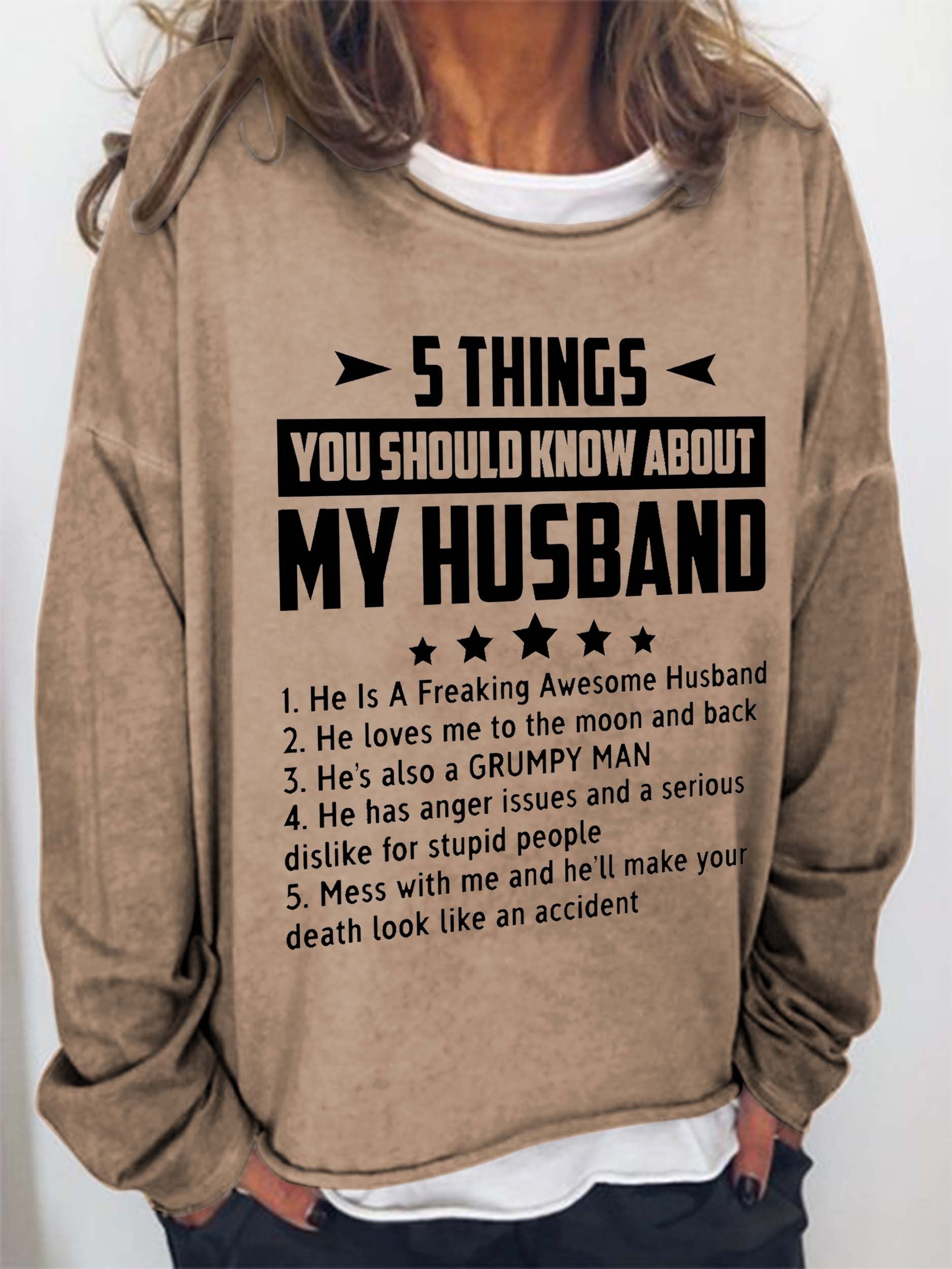 Women Five Things About My Husband Round Neck Long Sleeve Top - Outlets Forever