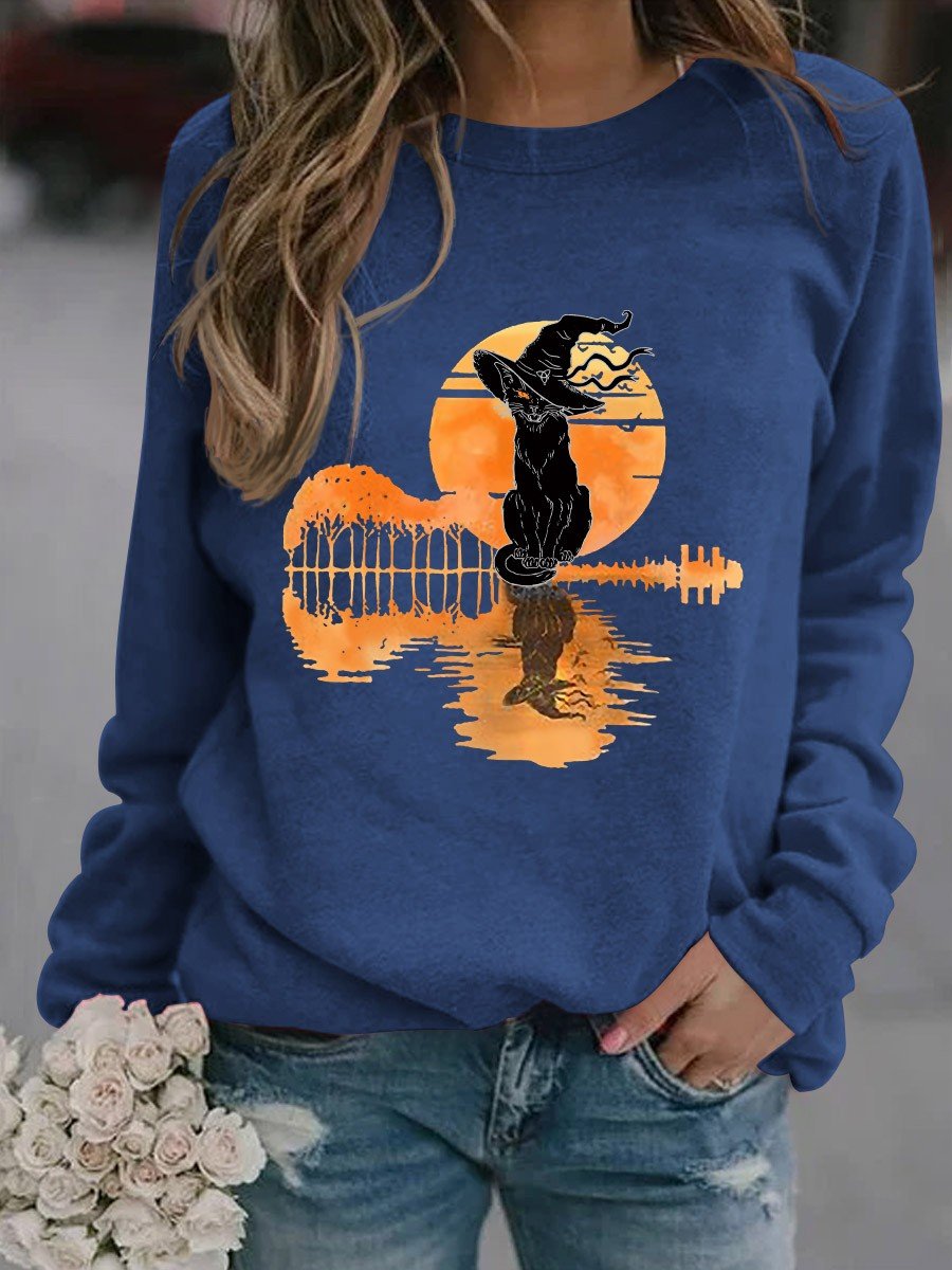 Women Black Cat Graphic Halloween Sweatshirt - Outlets Forever