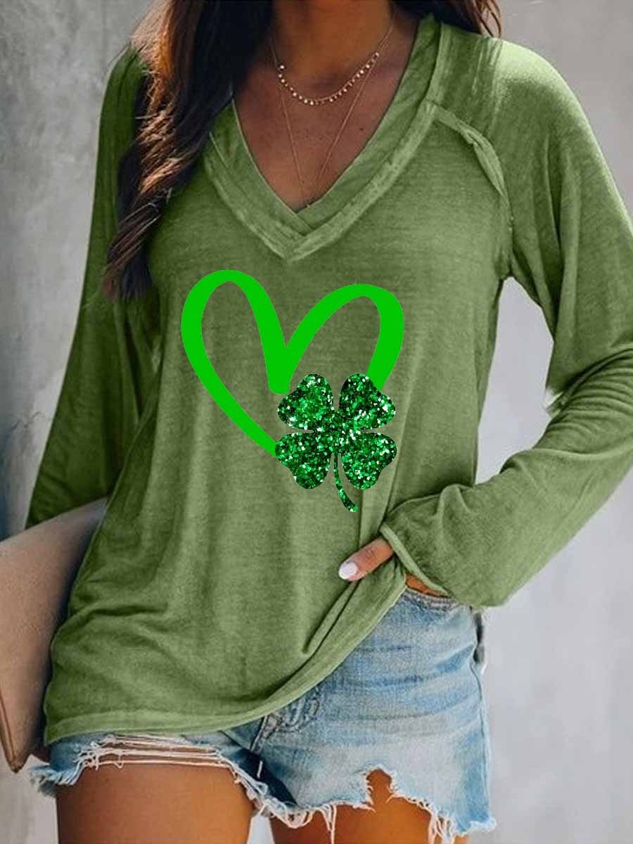 Women's Lucky Clover St. Patrick's Day Long Sleeve V-Neck T-Shirt - Outlets Forever