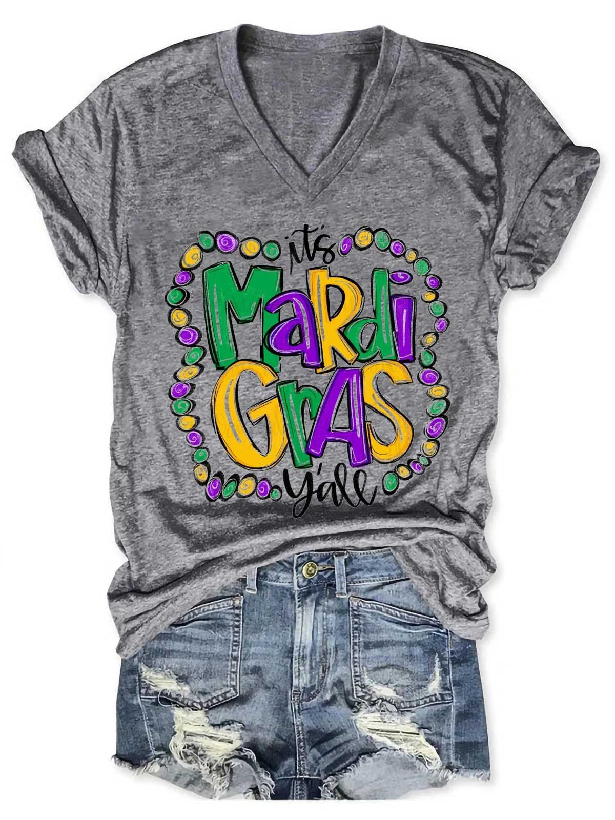 Women Mardi Gras V-Neck T-Shirt - Outlets Forever