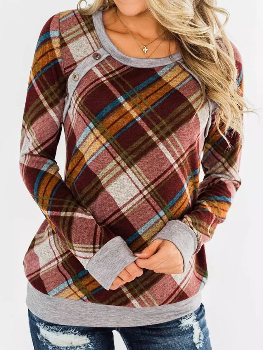 Plaid Splicing Button Long Sleeve T-Shirt - Outlets Forever