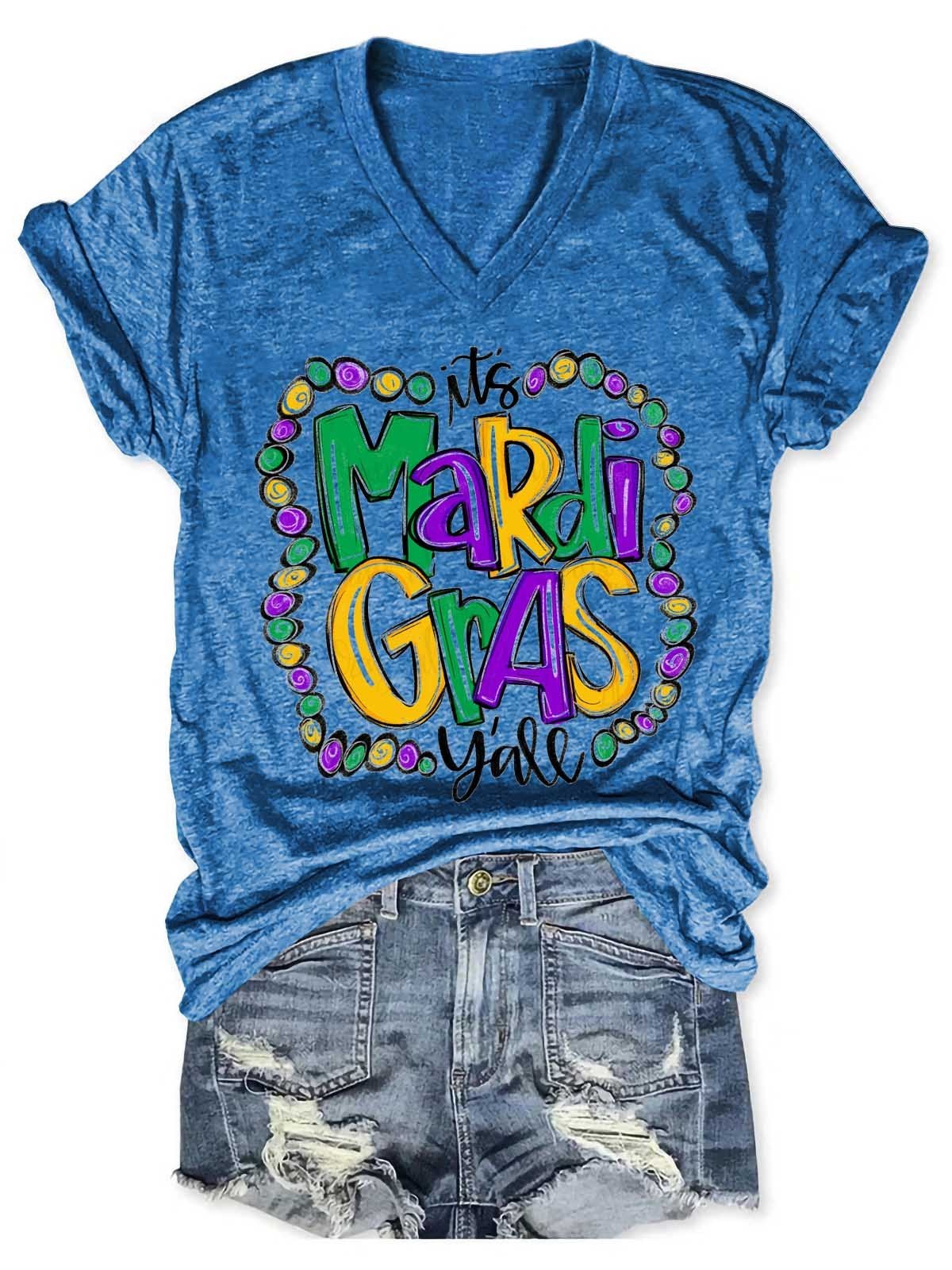 Women Mardi Gras V-Neck T-Shirt - Outlets Forever