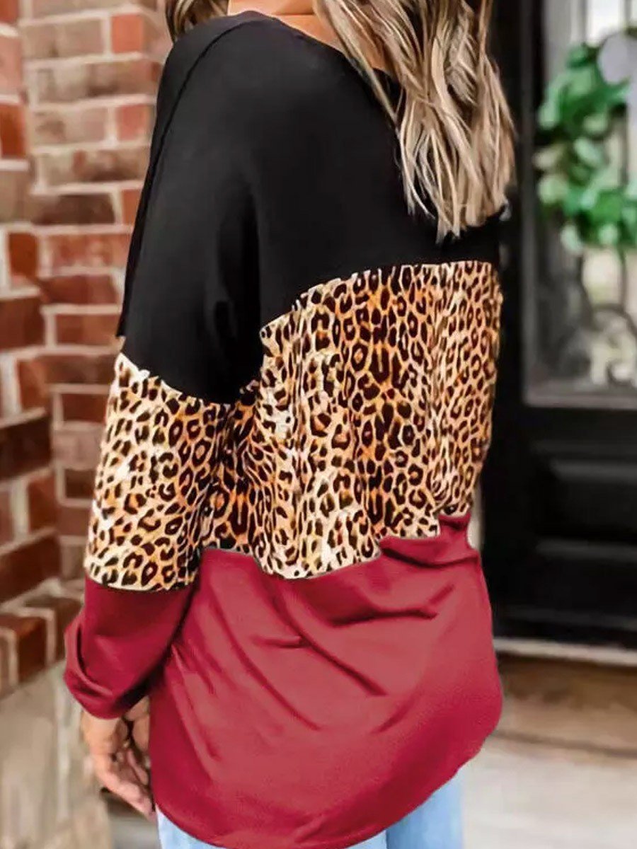 Leopard Splicing Color Block Long Sleeve T-Shirt - Outlets Forever