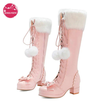 Lolita High Boots Winter Warm Fur Neck Girls Cosplay Party JK Princess Shoes Lace Up Bowtie Chunky Heel Side Zipper PU Leather - CADEAUME
