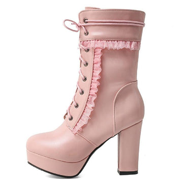 Lovely Sweet Lace Up Pink White Lolita Shoes Girls Boots