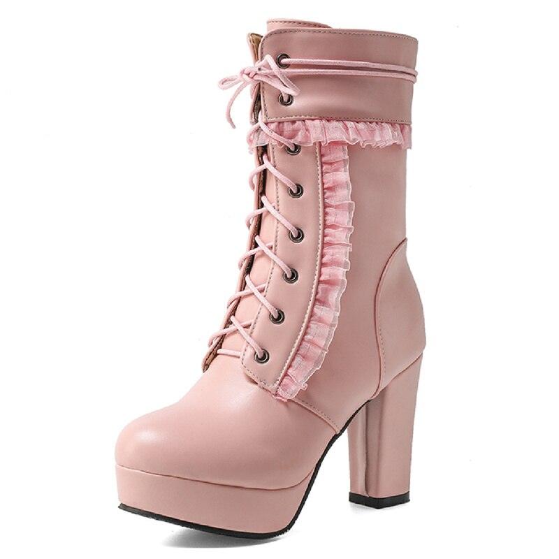 Lovely Sweet Lace Up Pink White Lolita Shoes Girls Boots - CADEAUME