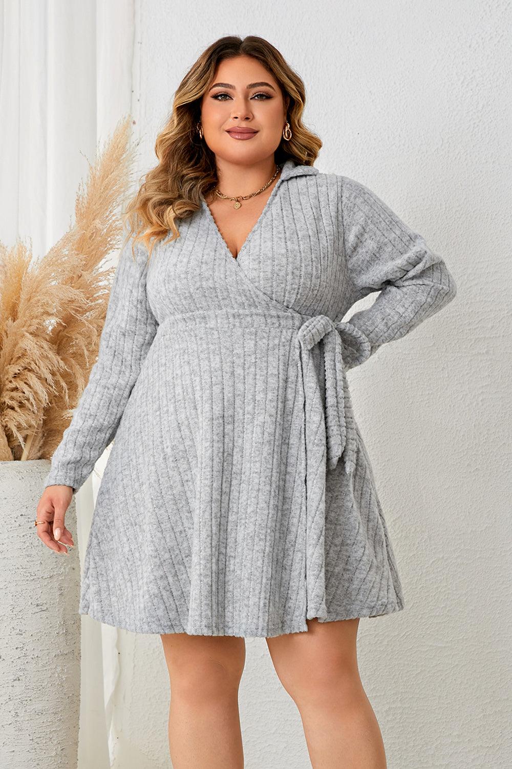 Plus Size Collared Neck Long Sleeve Tied Dress - CADEAUME