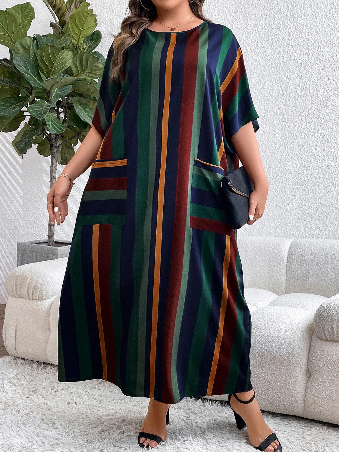 Plus Size Striped Maxi Dress with Pockets - CADEAUME