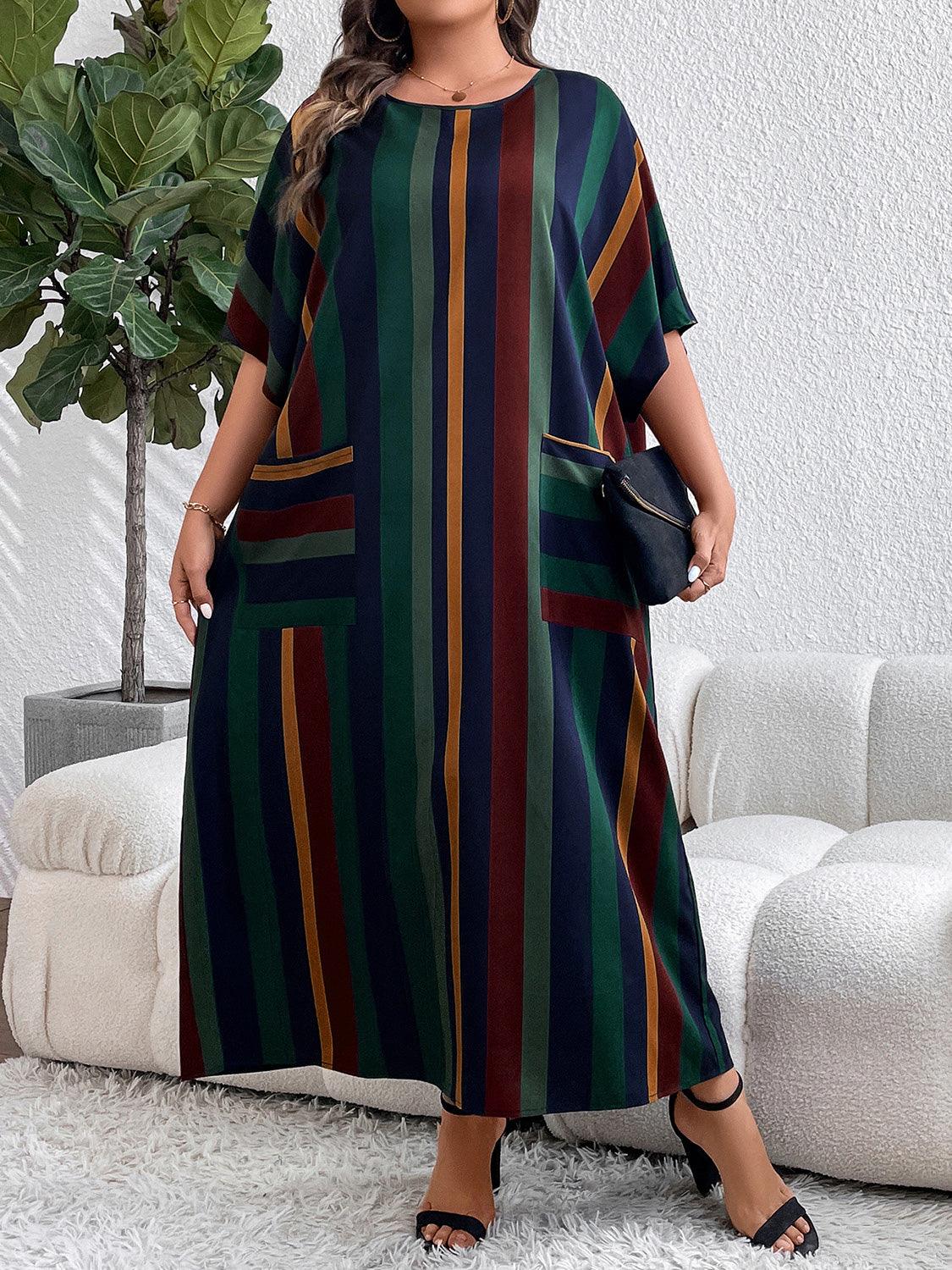 Plus Size Striped Maxi Dress with Pockets - CADEAUME