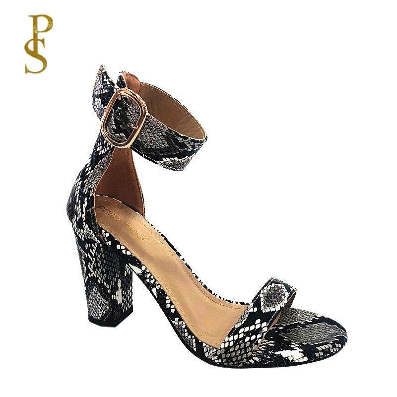 Snake Print Ankle Strap Women Summer Sandals shoes woman Ladies chunky high heels pumps - CADEAUME