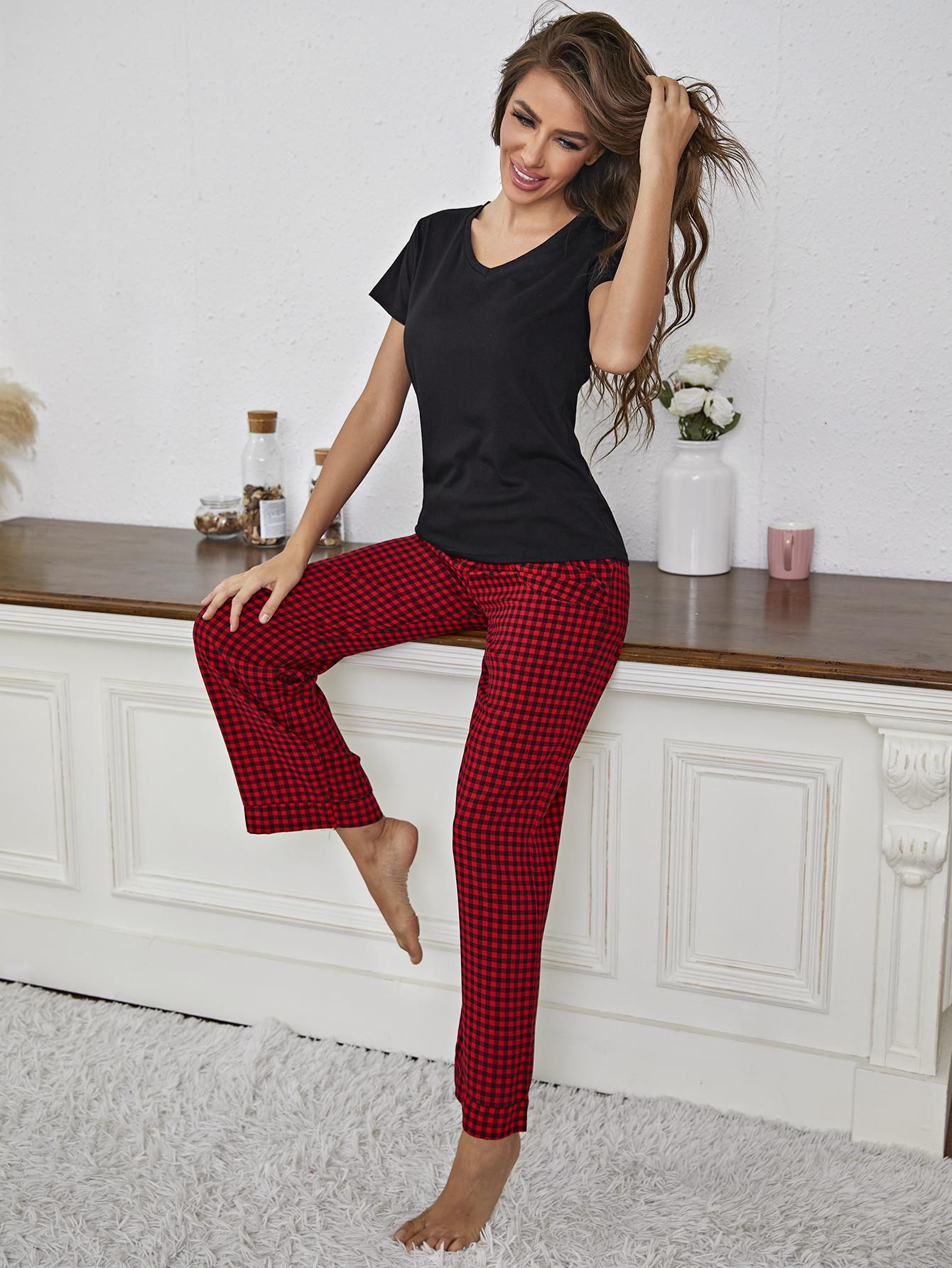 V-Neck Top and Gingham Pants Lounge Set - CADEAUME