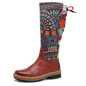 Vintage Mid-calf Boots Women Shoes Bohemian Retro Genuine Leather Motorcycle Boots Printed Side Zipper Back Lace Up Botas - CADEAUME
