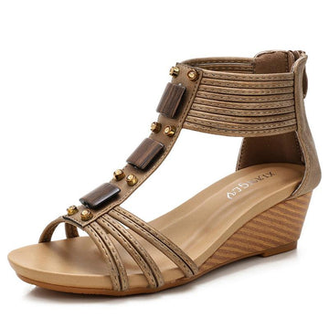 Wedges Sandals Mid Heels Comfortable Vintage Leather Plus Size Gladiator Sandals - CADEAUME