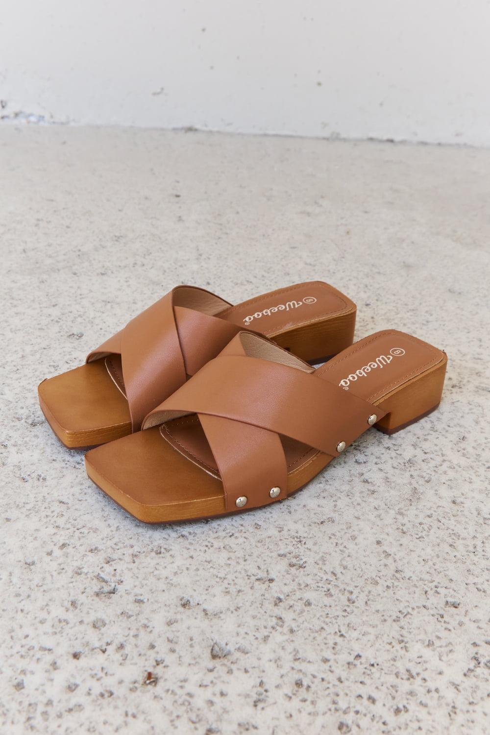 Weeboo Step Into Summer Criss Cross Wooden Clog Mule in Brown - CADEAUME