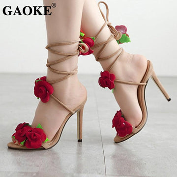 Woman Sandals Summer Woman High Heel Shoes Flower High Heel Sandals Ankle Strap Peep Toe Rubber Heel Sandals Bridal Party Shoes