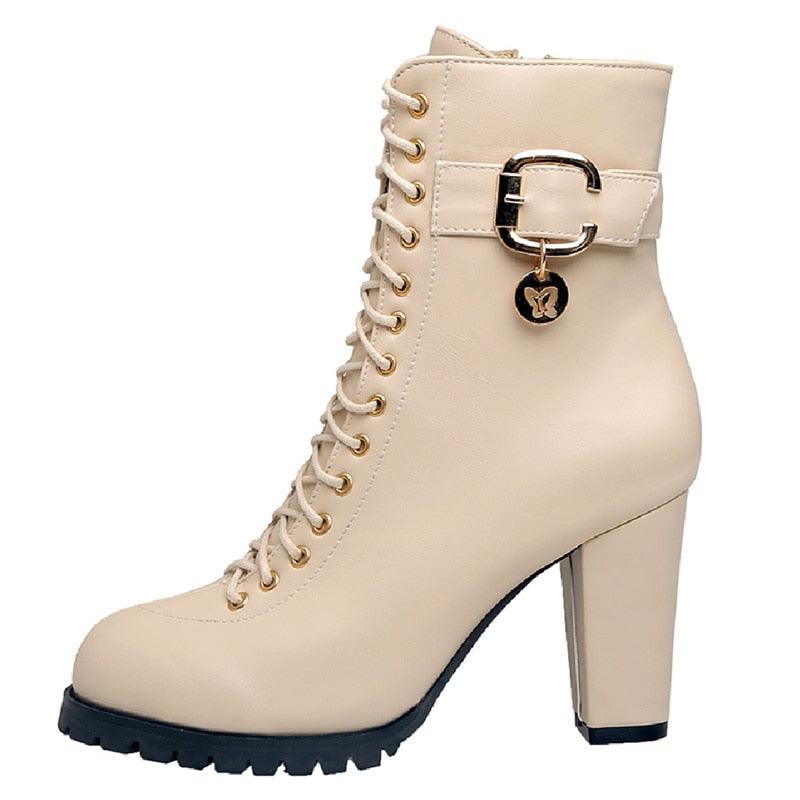 Women Ankle Boots Fashion Lace Up High Heels Short Women Boots - CADEAUME