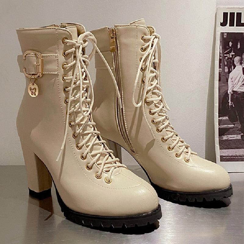 Women Ankle Boots Fashion Lace Up High Heels Short Women Boots - CADEAUME