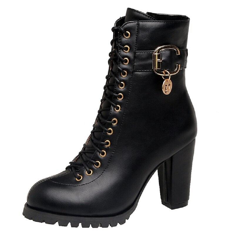 Women Ankle Boots Fashion Lace Up High Heels Short Women Boots - CADEAUME