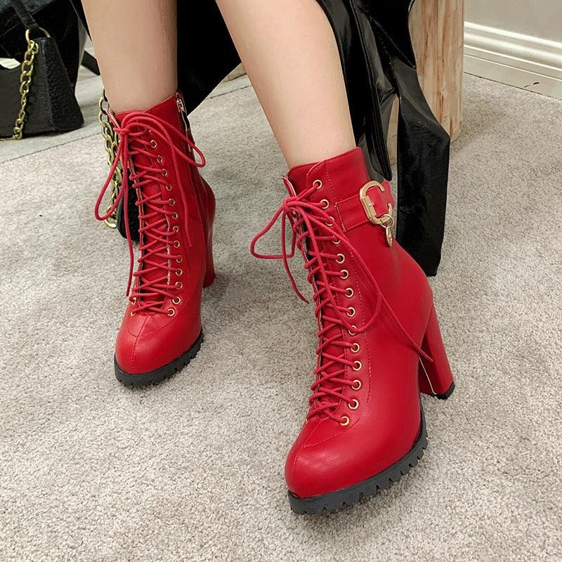 Women Ankle Boots Fashion Lace Up High Heels Short Women Boots - CADEAUME