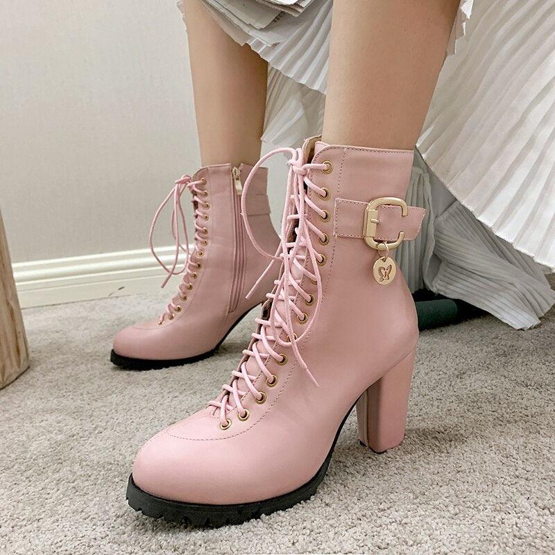 Women Ankle Boots Fashion Lace Up High Heels Short Women Boots - CADEAUME