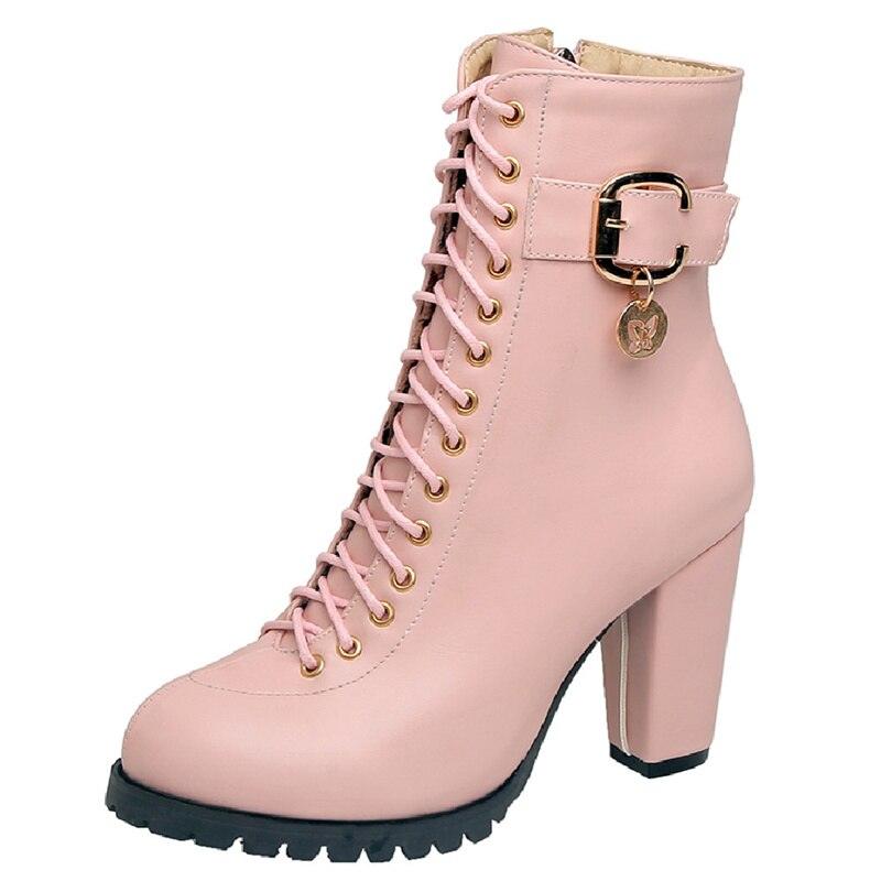 Women Ankle Boots Fashion Lace Up High Heels Short Women Boots - CADEAUME