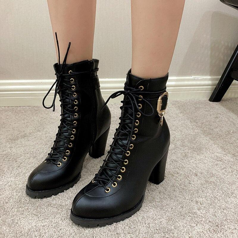 Women Ankle Boots Fashion Lace Up High Heels Short Women Boots - CADEAUME