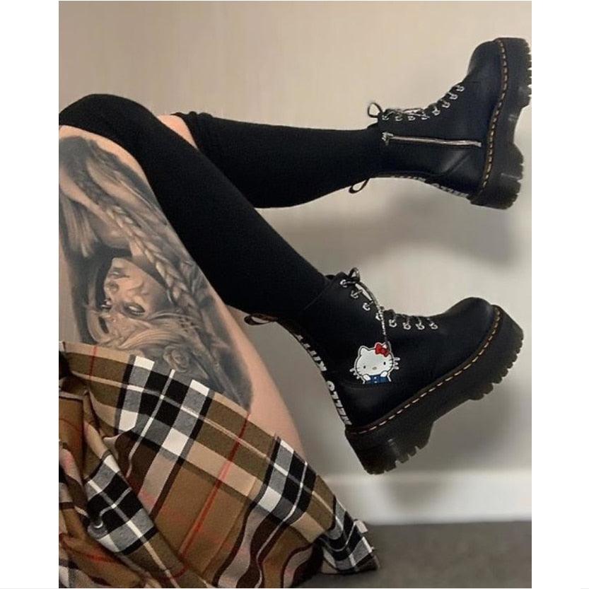 Women Martin boots Martens Jadon X Kitty Cat Genuine leather Thick soled Heightening boots Punk Motorcycle Boots Cartoon - CADEAUME
