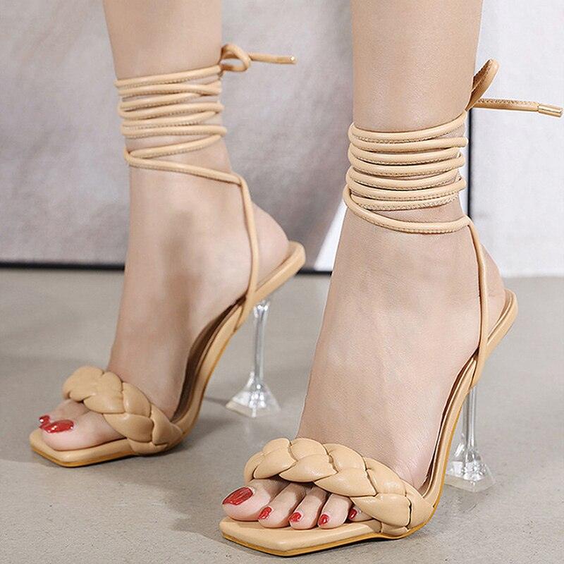 Women&#39;s 2021 New Summer Super High Heels Female Weave Cross-Tied Casual Transparent Sole Sandals Ladies Party Thin Heels - CADEAUME
