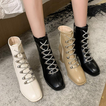 Women&#39;s Boots New Women&#39;s Short Boots Thick with Lace Up Women&#39;s Thin High-heeled Women&#39;s Boots Motorcycle Boots - CADEAUME