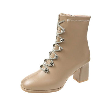 Women's Boots New Women's Short Boots Thick with Lace Up Women's Thin High-heeled Women's Boots Motorcycle Boots
