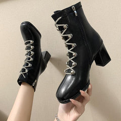 Women&#39;s Boots New Women&#39;s Short Boots Thick with Lace Up Women&#39;s Thin High-heeled Women&#39;s Boots Motorcycle Boots - CADEAUME