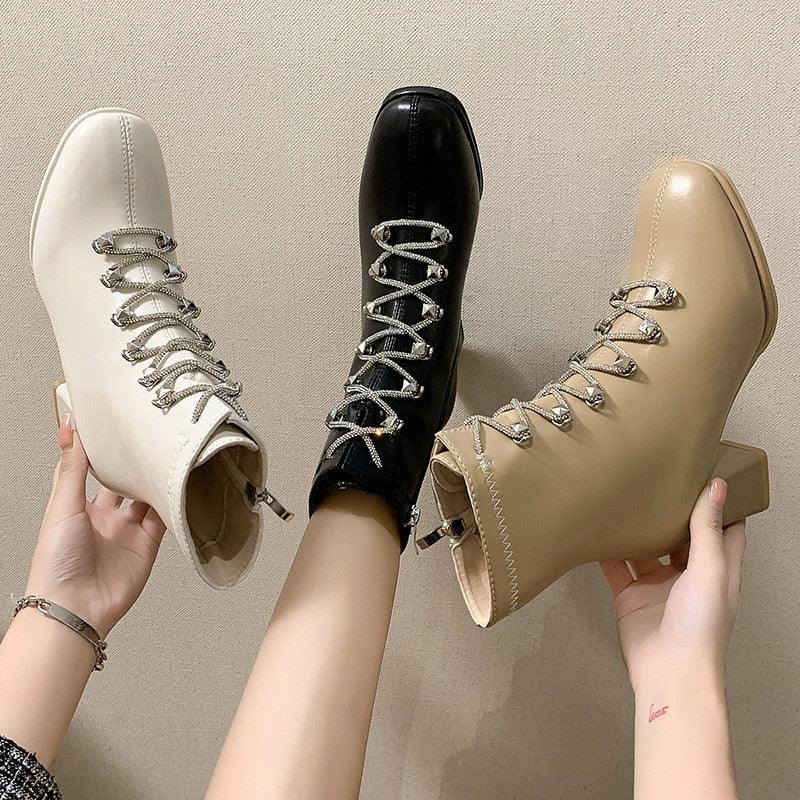 Women&#39;s Boots New Women&#39;s Short Boots Thick with Lace Up Women&#39;s Thin High-heeled Women&#39;s Boots Motorcycle Boots - CADEAUME