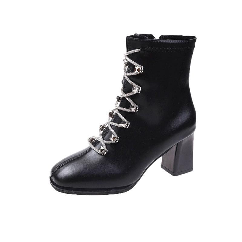 Women&#39;s Boots New Women&#39;s Short Boots Thick with Lace Up Women&#39;s Thin High-heeled Women&#39;s Boots Motorcycle Boots - CADEAUME