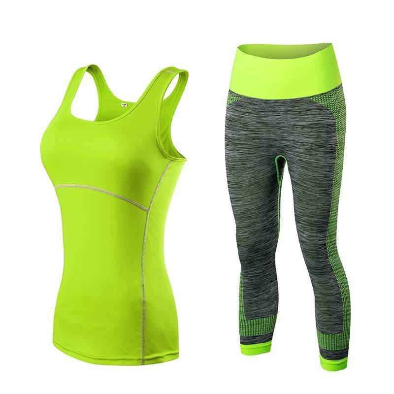 Yuerlian Quick Dry sportswear Gym Leggings Female T-shirt Costume Fitness Tights Sport Suit Green Top Yoga Set Women's Tracksuit - CADEAUME